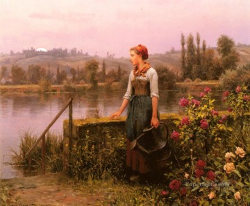 川のほとりでじょうろを持つ女性 同胞ダニエル・リッジウェイ・ナイト Oil Paintings